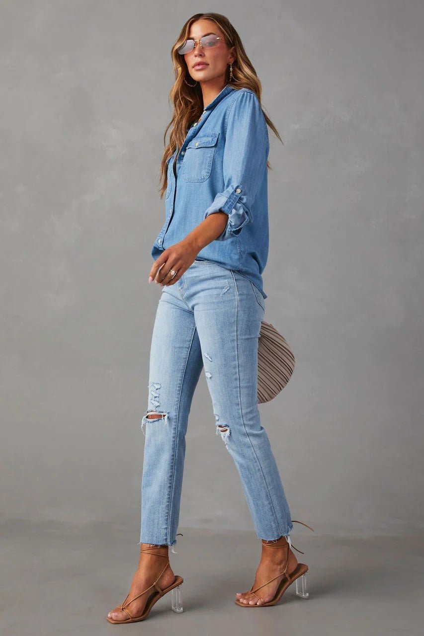 Denim Shirt | Lange Mouw | Borstzakken | Button-Up Shirt | Vrouwen Overhemden-Boetiek Moda