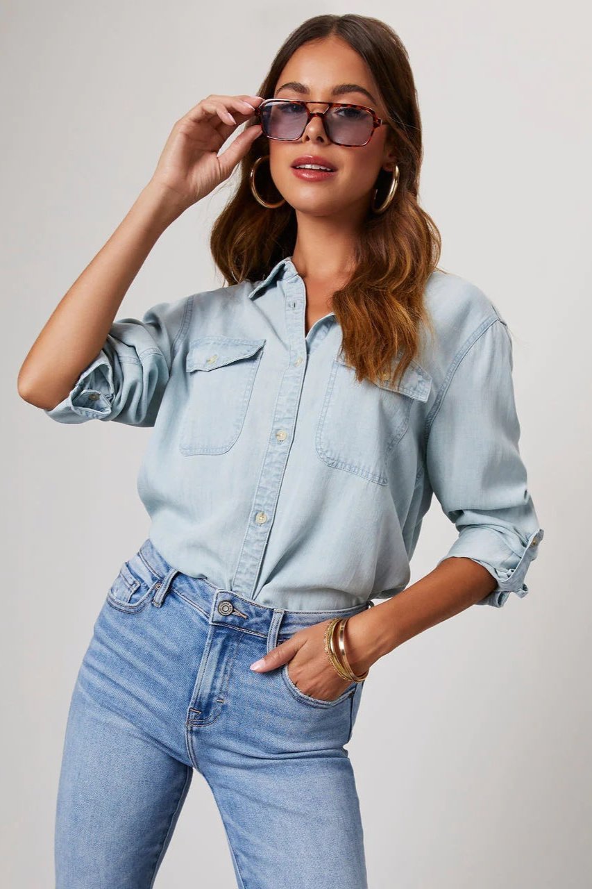 Denim Shirt | Lange Mouw | Borstzakken | Button-Up Shirt | Vrouwen Overhemden-Boetiek Moda