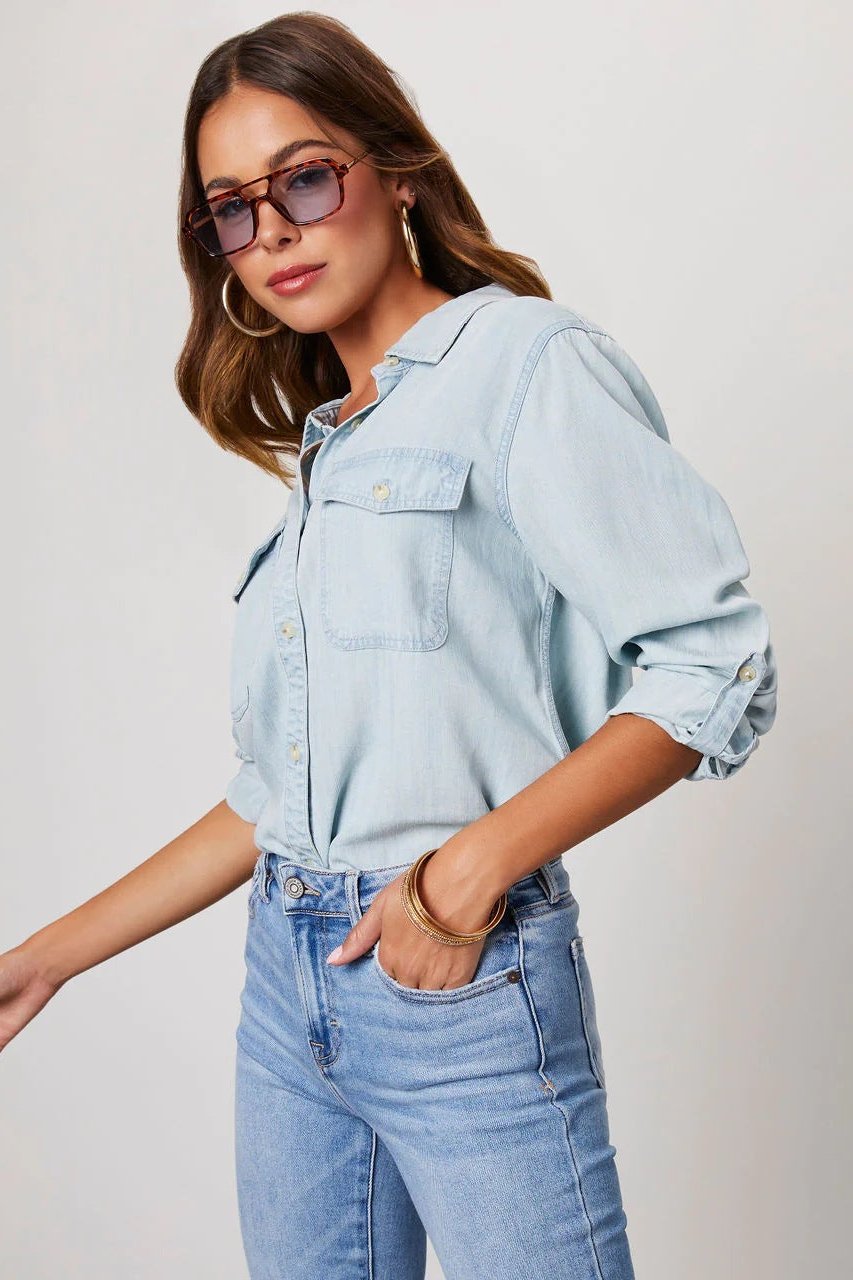 Denim Shirt | Lange Mouw | Borstzakken | Button-Up Shirt | Vrouwen Overhemden-Boetiek Moda