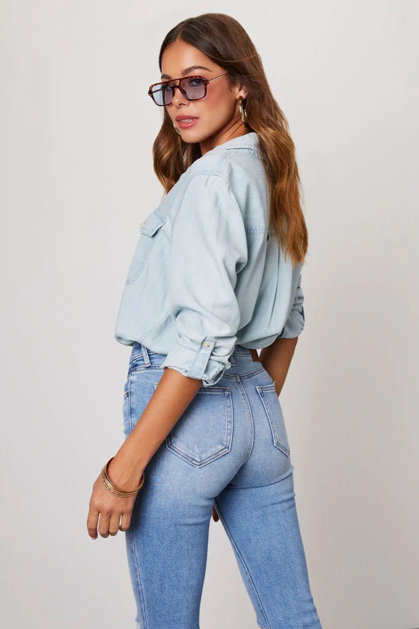 Denim Shirt | Lange Mouw | Borstzakken | Button-Up Shirt | Vrouwen Overhemden-Boetiek Moda