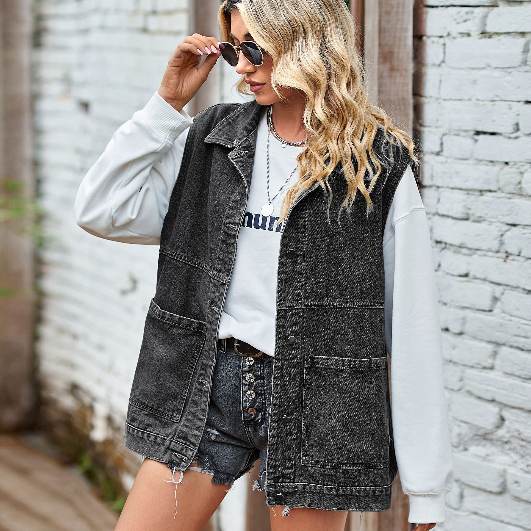 Denim Vesten - Mouwloos oversized denim damesvest-Boetiek Moda