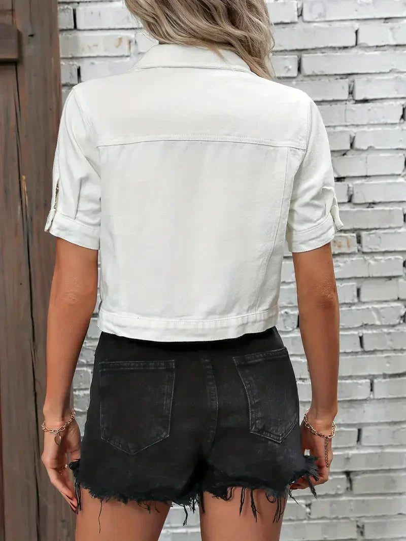 Denim jack met korte mouwen | Button-Up | Borstzakken | Jean jack met korte mouwen | Denim jack voor vrouwen-Boetiek Moda