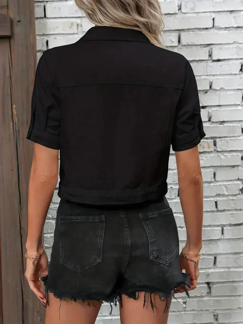 Denim jack met korte mouwen | Button-Up | Borstzakken | Jean jack met korte mouwen | Denim jack voor vrouwen-Boetiek Moda