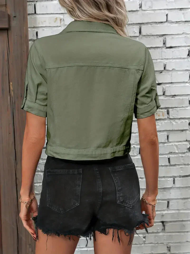 Denim jack met korte mouwen | Button-Up | Borstzakken | Jean jack met korte mouwen | Denim jack voor vrouwen-Boetiek Moda