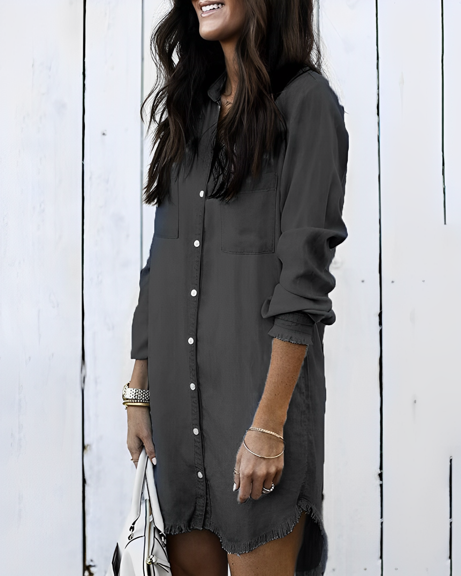 Denim jurk - Knoopsluiting - Lange mouwen - Overhemdjurk - Korte jurk-Boetiek Moda