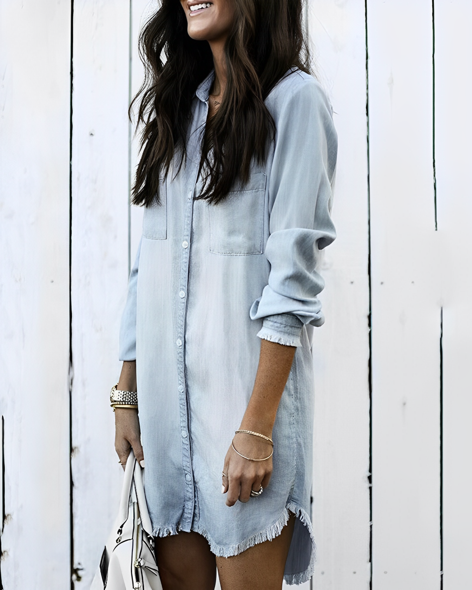 Denim jurk - Knoopsluiting - Lange mouwen - Overhemdjurk - Korte jurk-Boetiek Moda