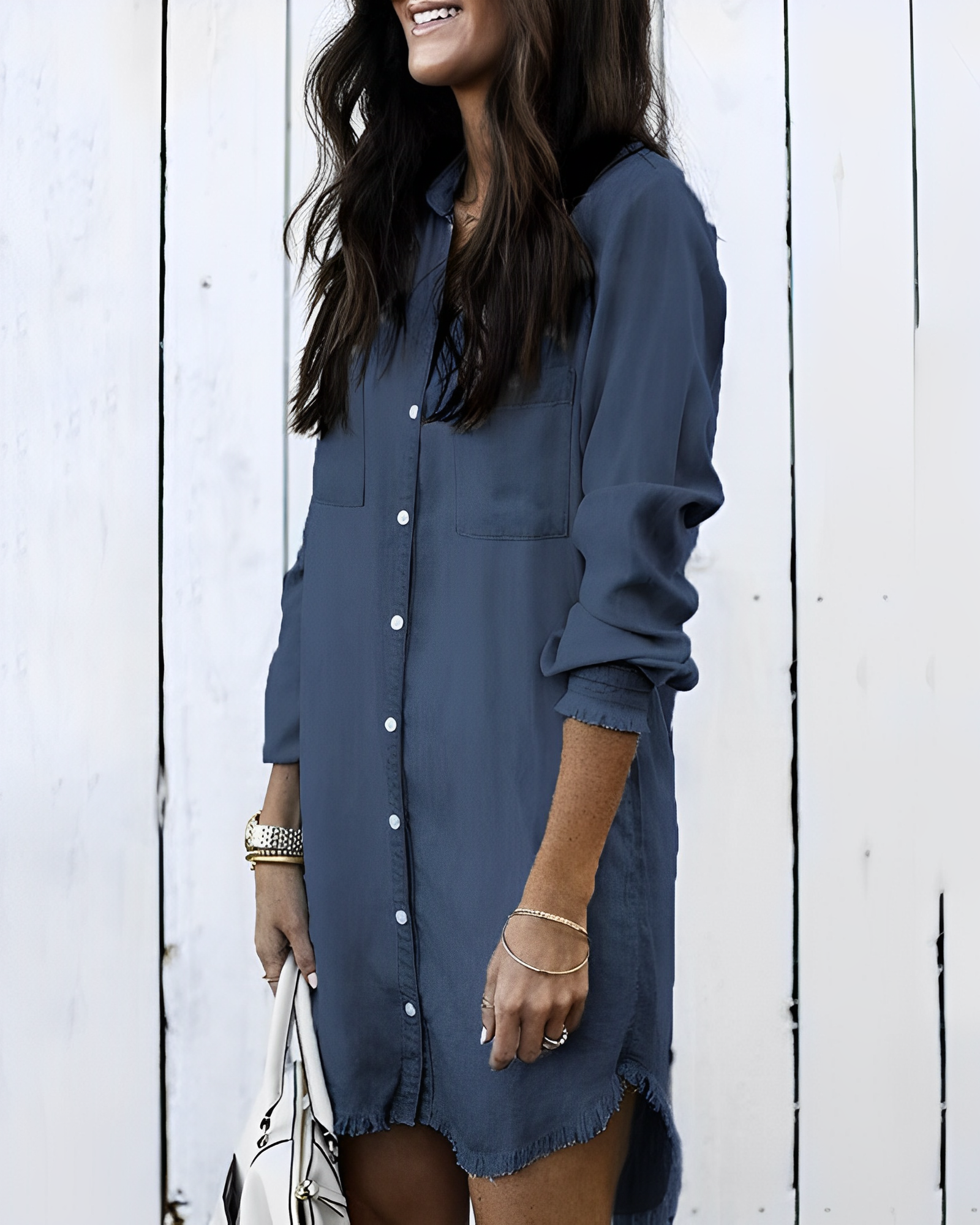 Denim jurk - Knoopsluiting - Lange mouwen - Overhemdjurk - Korte jurk-Boetiek Moda
