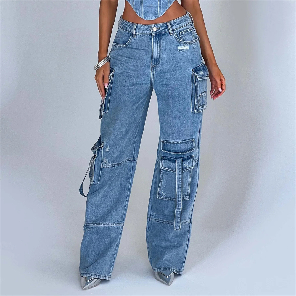 Denim-set - Tweedelige set voor dames met crop top en losse cargobroek-Boetiek Moda