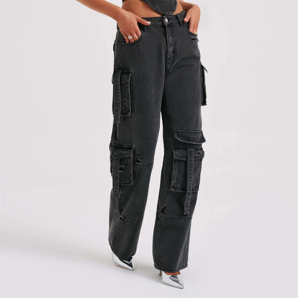 Denim-set - Tweedelige set voor dames met crop top en losse cargobroek-Boetiek Moda