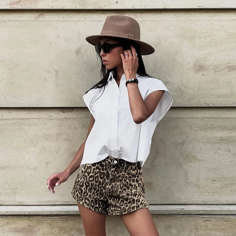 Denim shorts met luipaardprint - Dames Mini denim shorts met hoge taille-Boetiek Moda