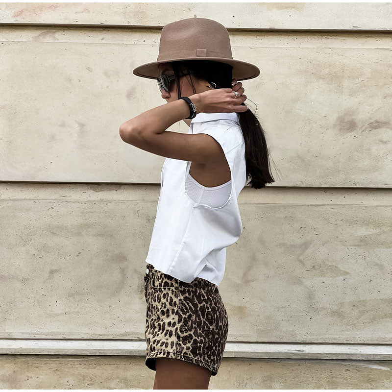Denim shorts met luipaardprint - Dames Mini denim shorts met hoge taille-Boetiek Moda