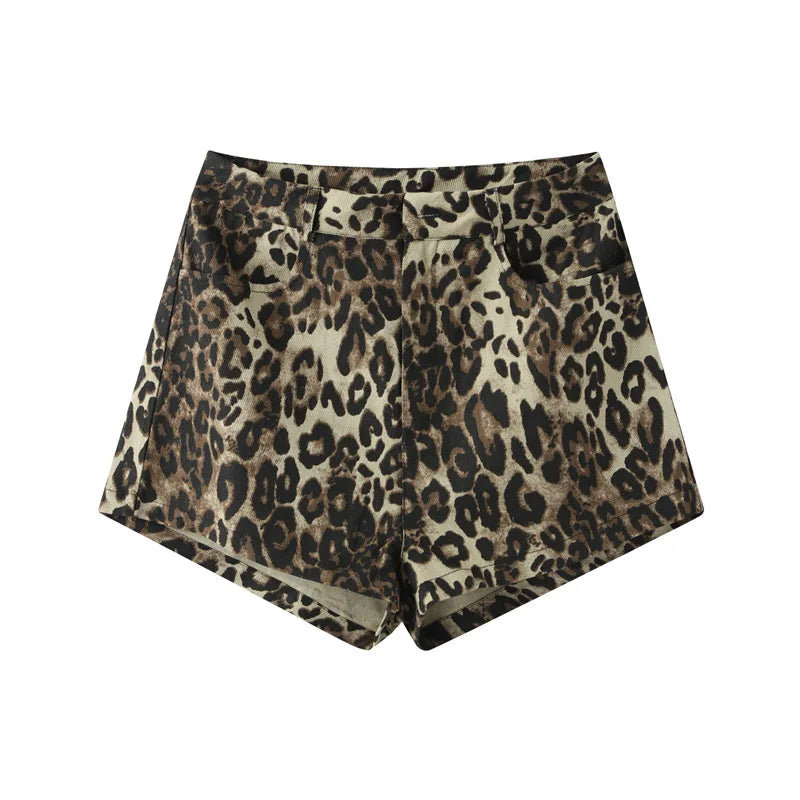 Denim shorts met luipaardprint - Dames Mini denim shorts met hoge taille-Boetiek Moda