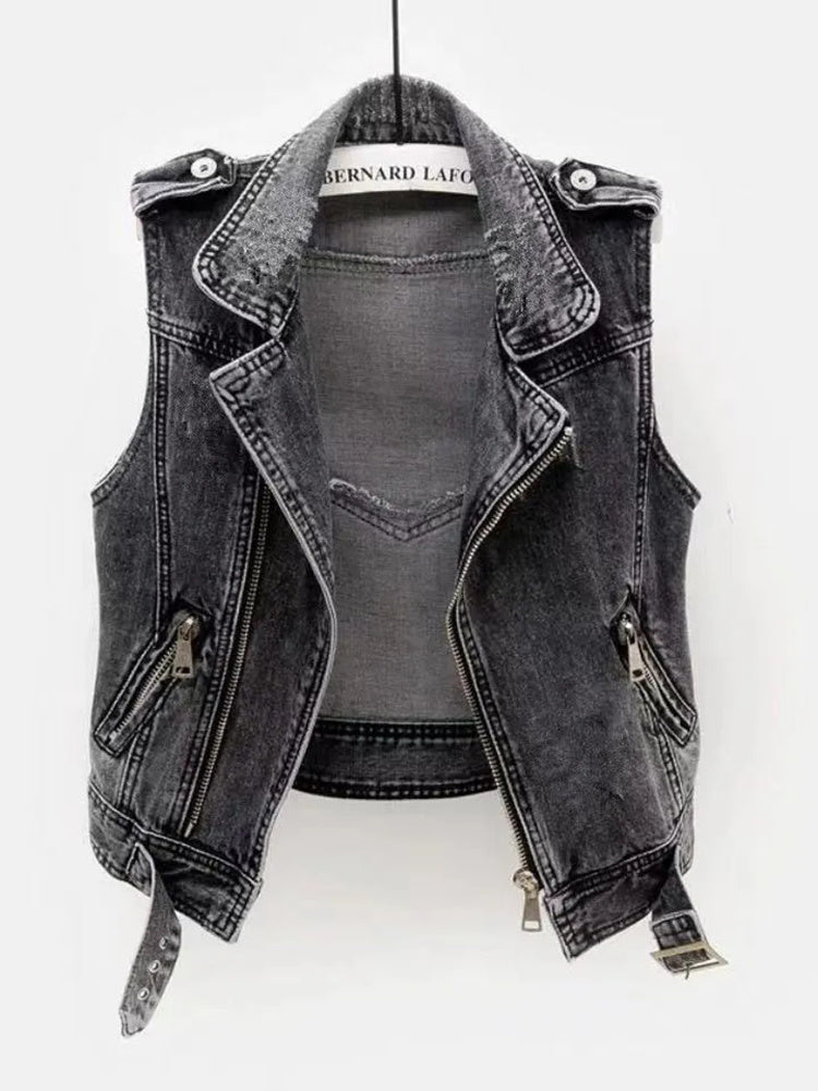 Denim vest - donkergrijs - mouwloos - Denim Gilet - Denim vest voor dames-Boetiek Moda