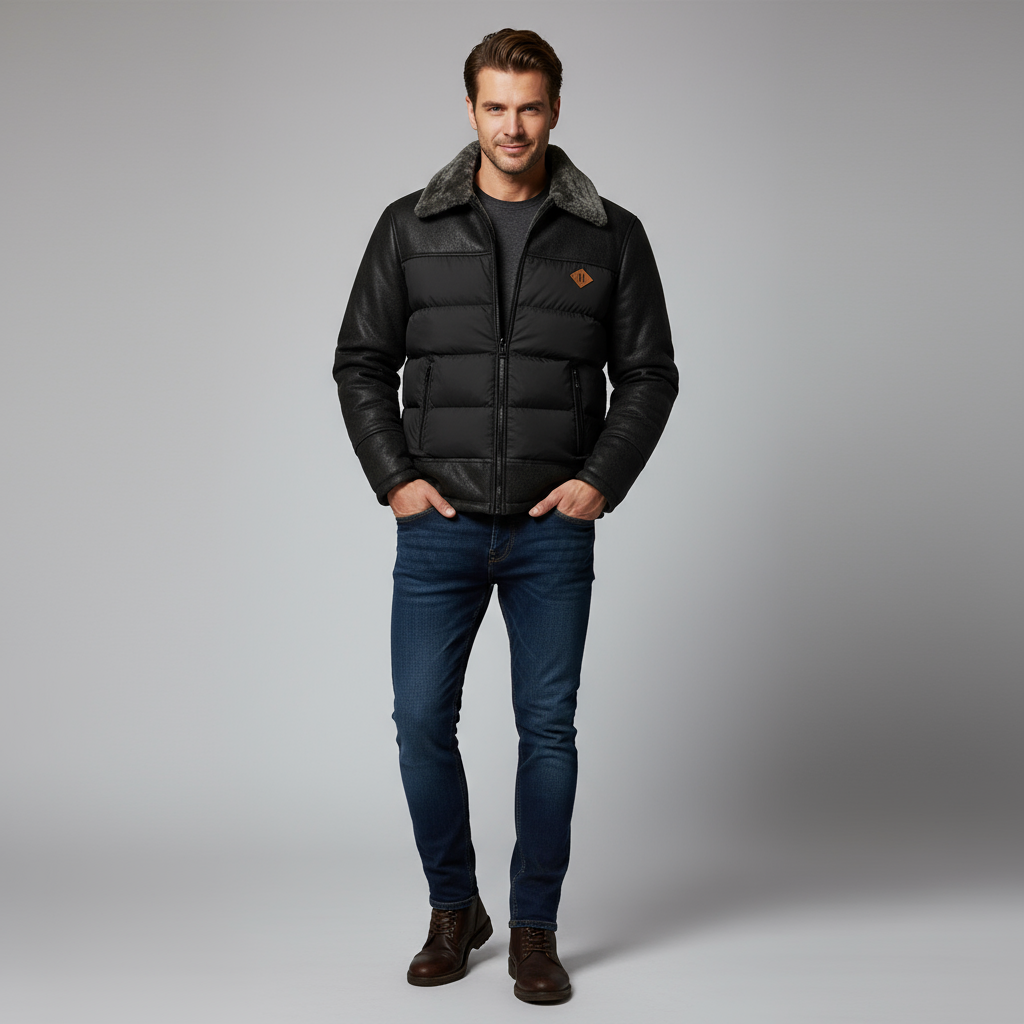 Donsjas – met rits – bontkraag – winterleren jas – winterjas voor mannen-Boetiek Moda