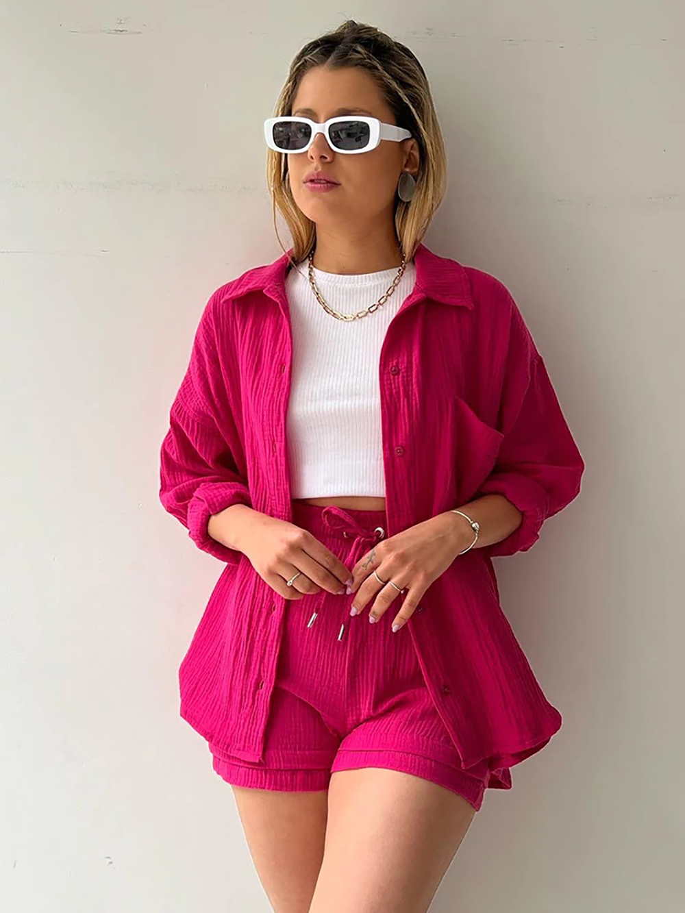 Elena Matching Set | Casual tweedelige shorts & revers shirt set is een toptrend deze zomer-Boetiek Moda
