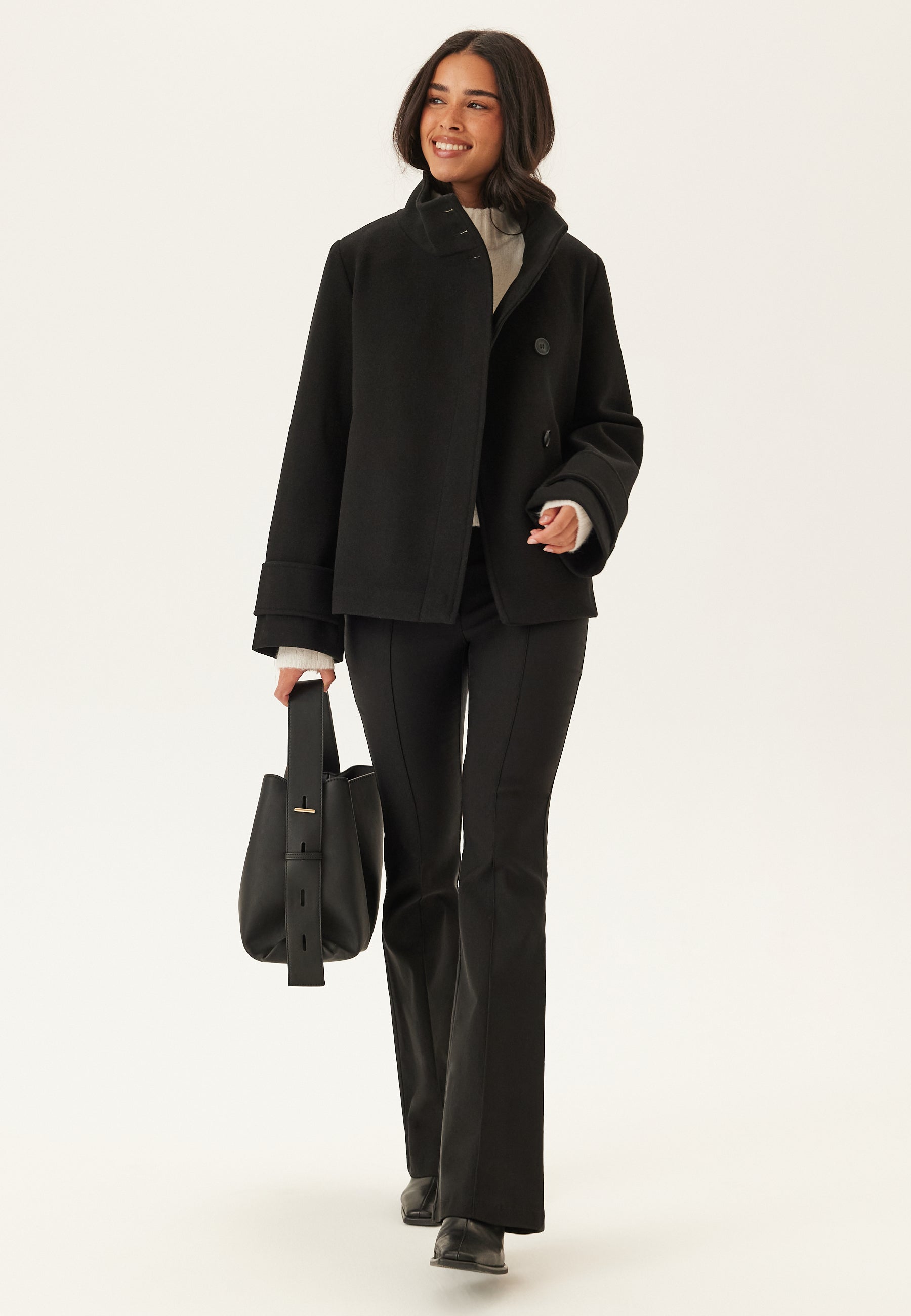 Erbsenmantel - Kurze schwarze Übergangsjacke mit Knopfleiste für Frauen-Boetiek Moda