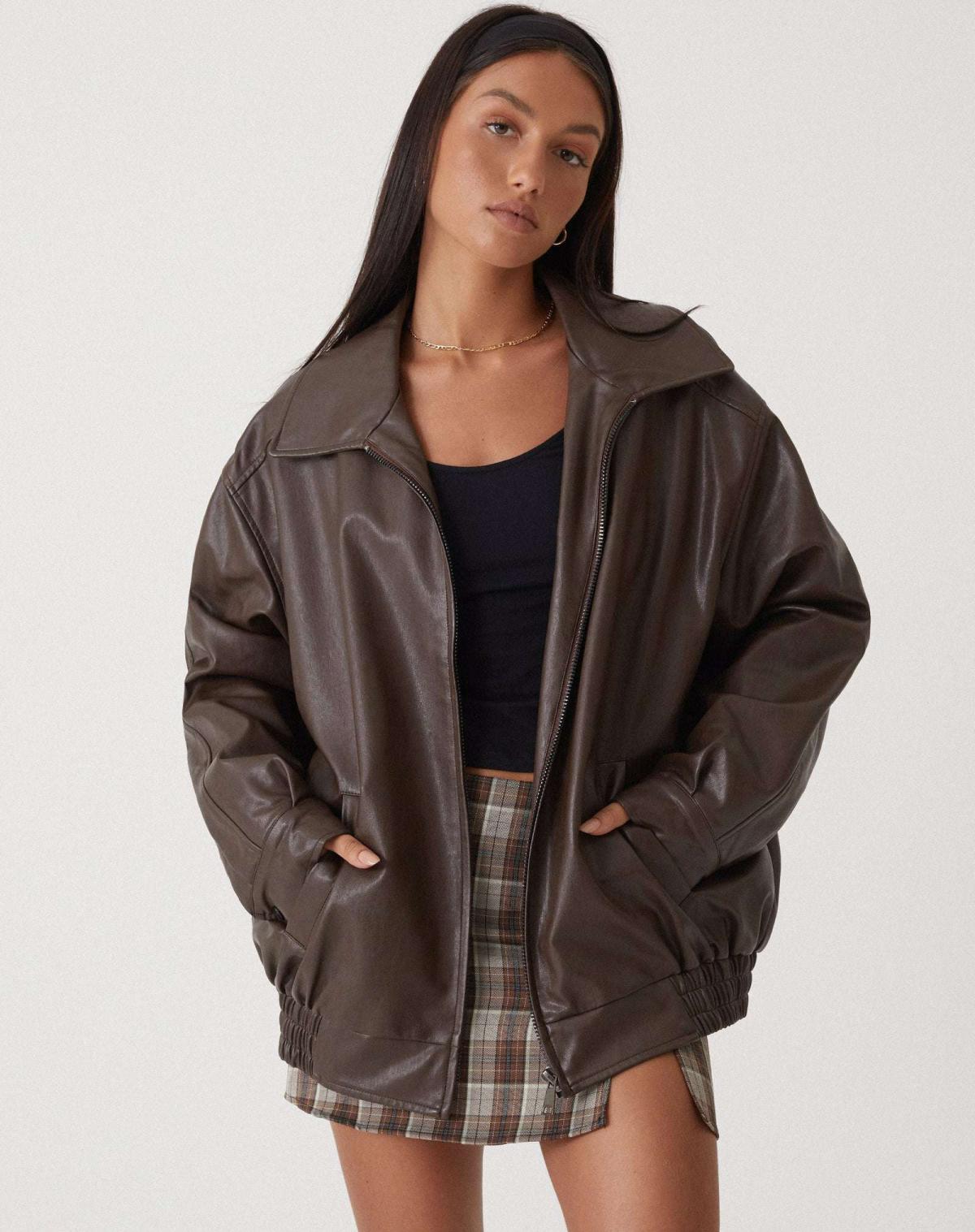 Faux Leren Jas | Oversized | Zip-Up | Leren Bomber Jas | Leren Jas Vrouwen-Boetiek Moda