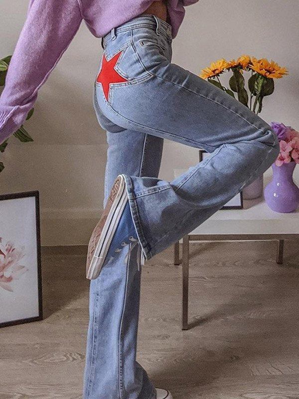 Flared Jeans - Lichtblauwe jeans met sterrenprint en hoge taille voor dames-Boetiek Moda