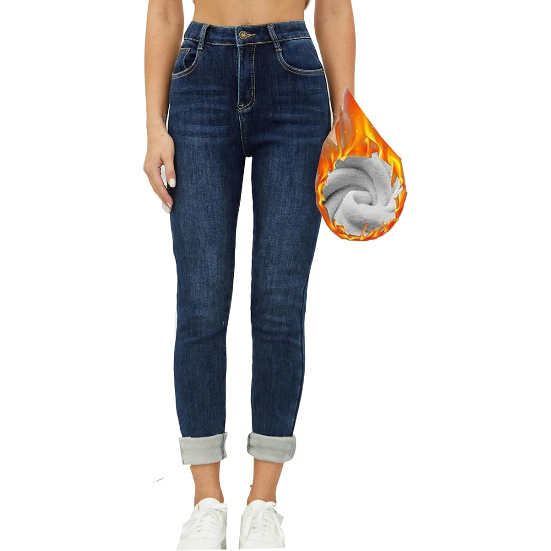 Fleece gevoerde jeans - Hoge taille - Winter - Skinny jeans - Damesjeans-Boetiek Moda