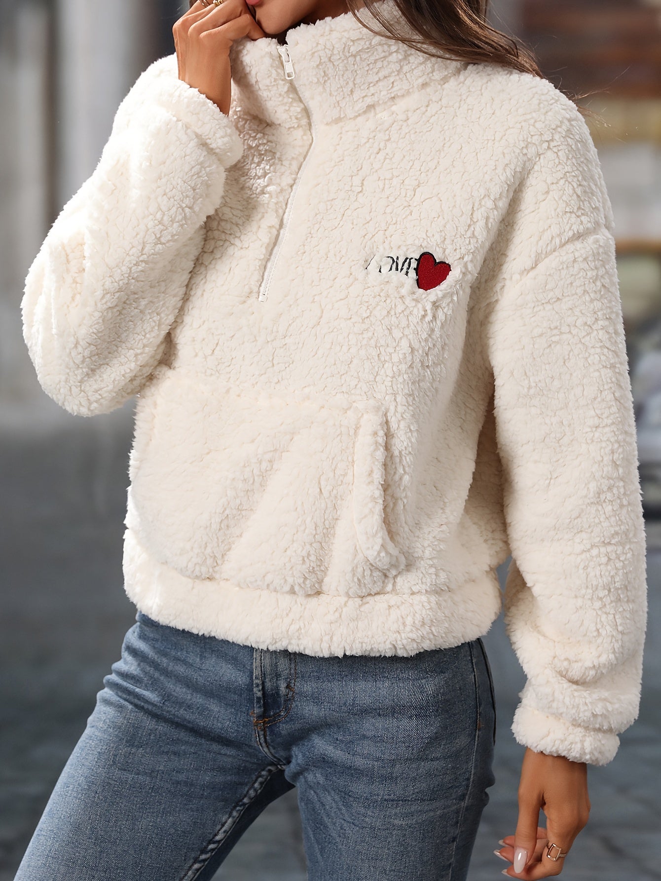Fleece met halve rits - Warme Witte Damesfleece Trui-Boetiek Moda