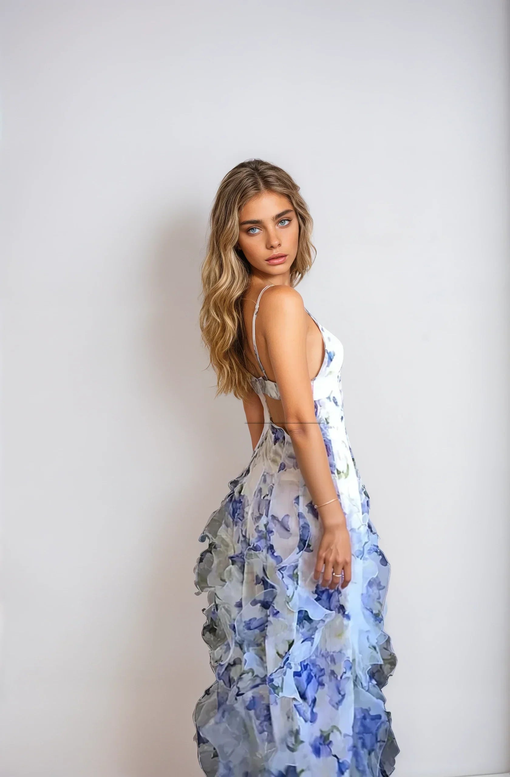 Florale Maxi-jurk - mouwloos - split - jurk met ruches - chiffon jurk-Boetiek Moda