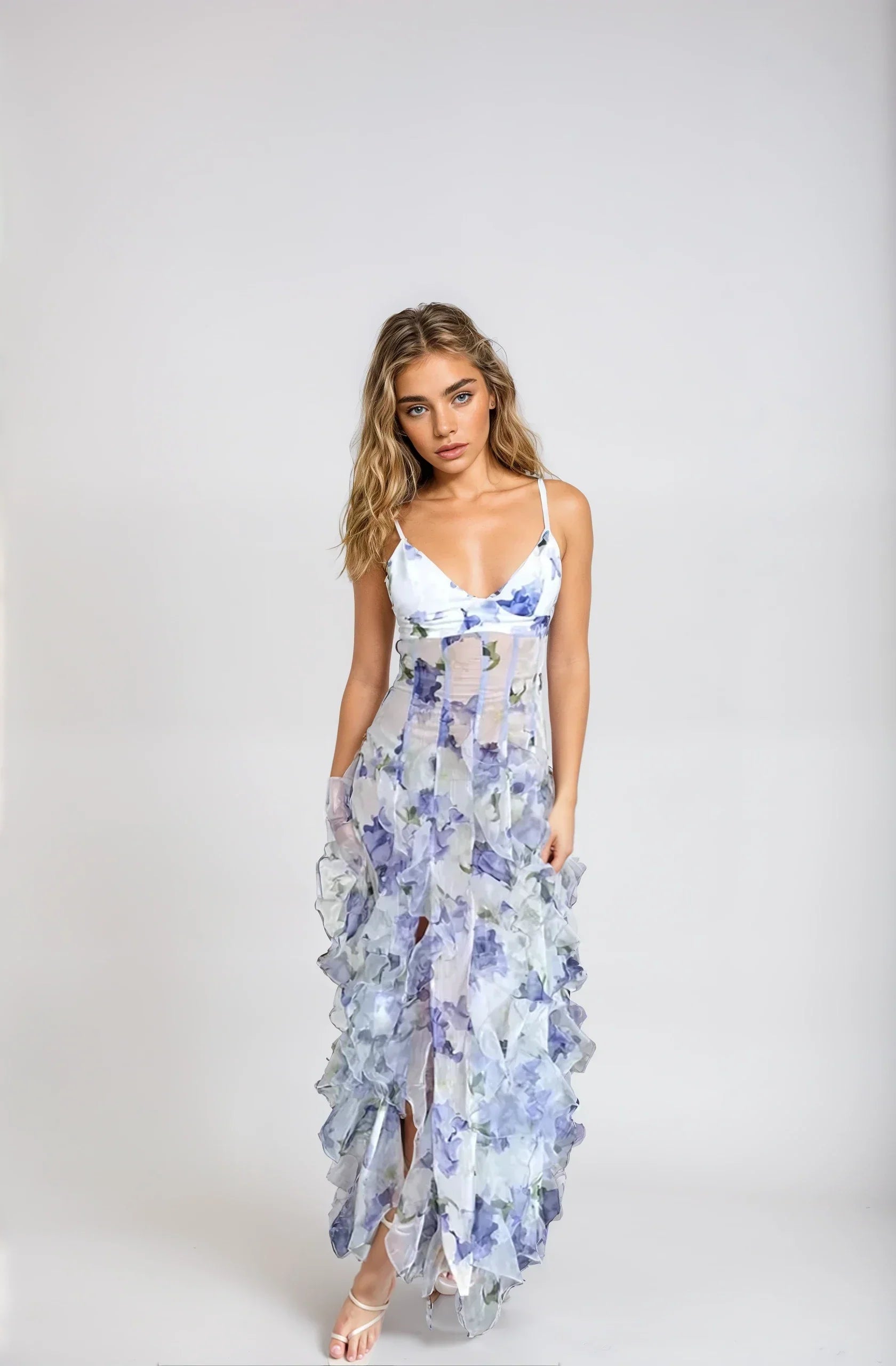 Florale Maxi-jurk - mouwloos - split - jurk met ruches - chiffon jurk-Boetiek Moda