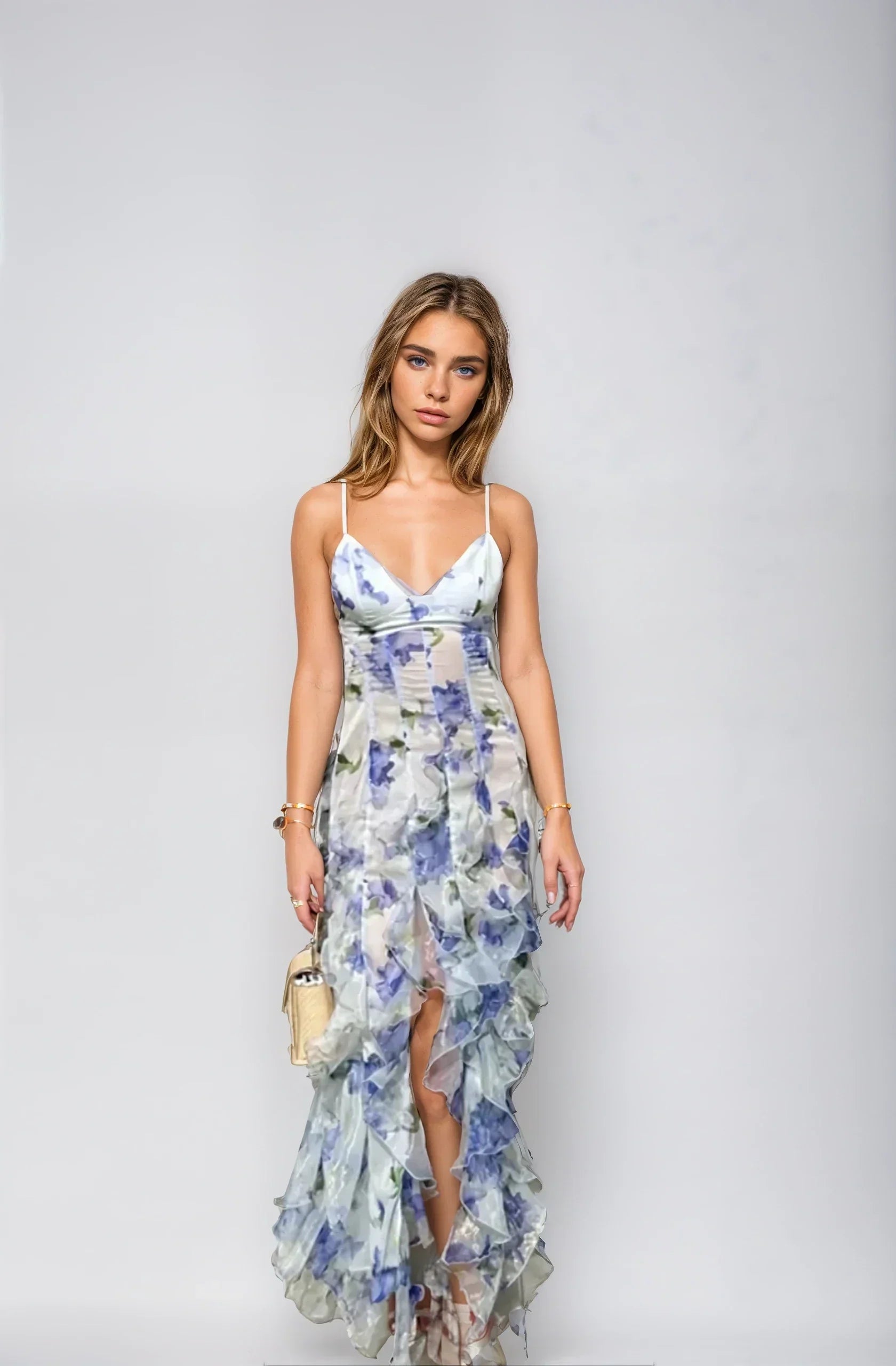 Florale Maxi-jurk - mouwloos - split - jurk met ruches - chiffon jurk-Boetiek Moda