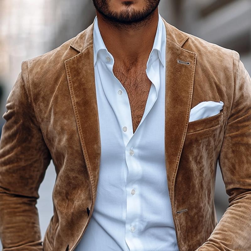 Fluwelen Blazer - Getailleerde bruine blazer voor heren met enkele knoopsluiting-Boetiek Moda