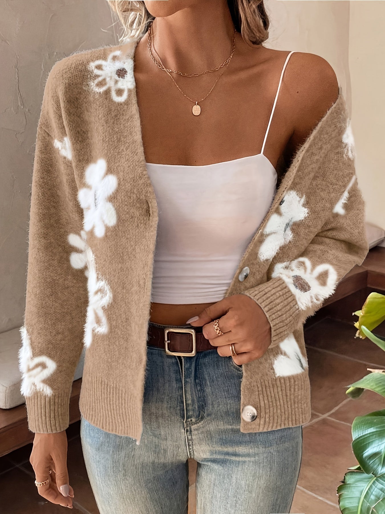 Gebloemd vest | V-hals | Button-Up | Gebreid vest | Vrouwenbreiwerk-Boetiek Moda