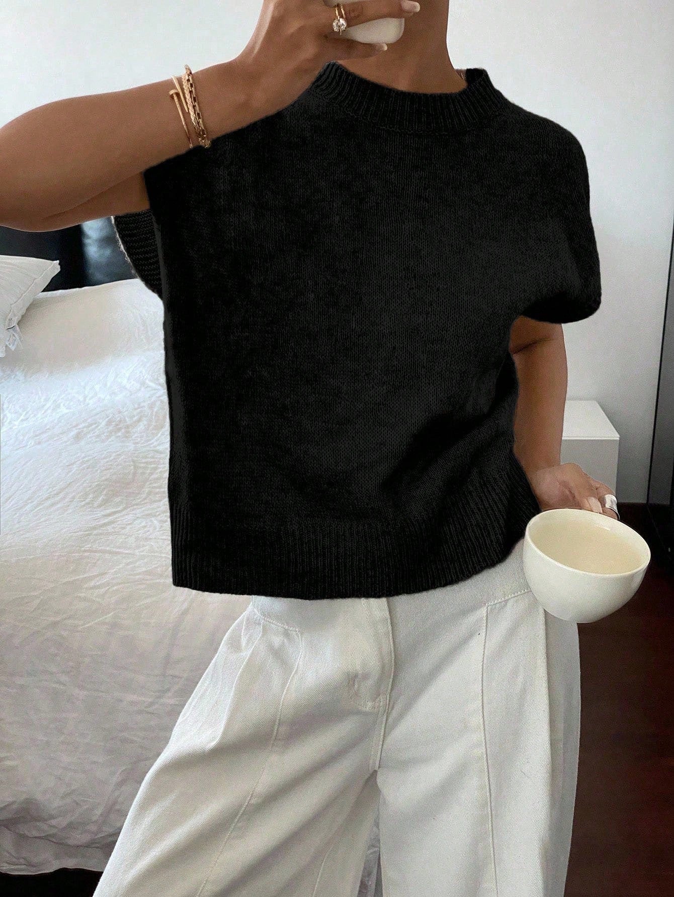 Gebreid T-shirt | Ronde hals | Losse pasvorm | Trui met korte mouwen | Dameskleding-Boetiek Moda