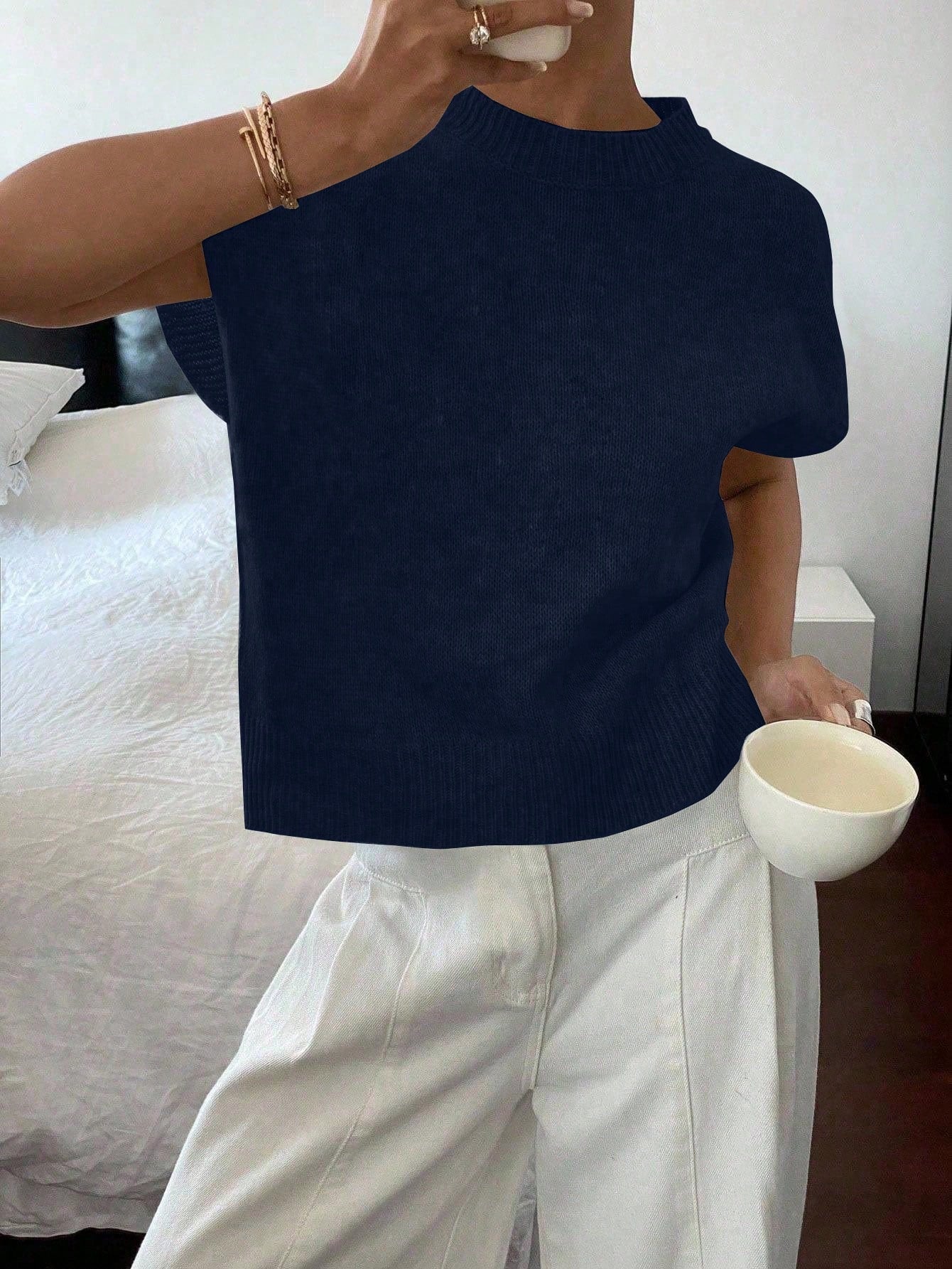 Gebreid T-shirt | Ronde hals | Losse pasvorm | Trui met korte mouwen | Dameskleding-Boetiek Moda