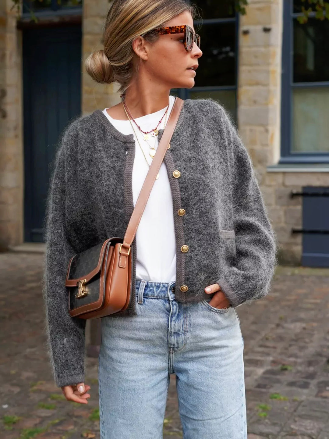 Gebreid vest | Grijs | Button-Up | Fluffy Vest | Vest voor dames-Boetiek Moda