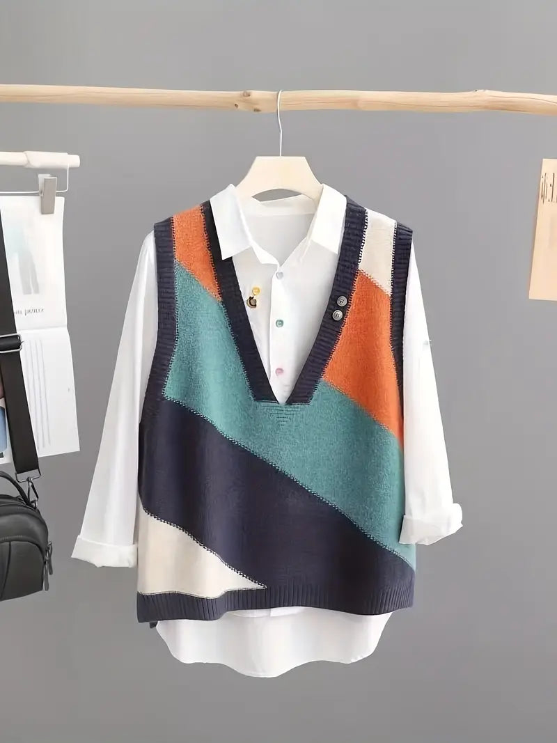 Gebreid vest - Losvallend vest met V-hals voor dames-Boetiek Moda