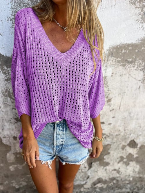 Gebreide Blouse - Losjes model - V-hals - Gebreide top met korte mouwen - Gebreide damestop-Boetiek Moda