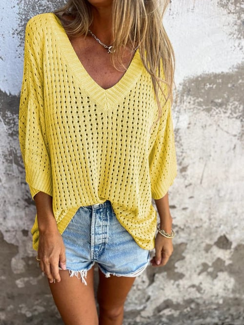 Gebreide Blouse - Losjes model - V-hals - Gebreide top met korte mouwen - Gebreide damestop-Boetiek Moda