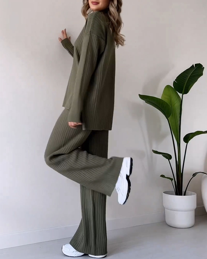 Gebreide Co Ord | Coltrui | Geribd | Brede Benen Co Ord | Tweedelige Damesset-Boetiek Moda