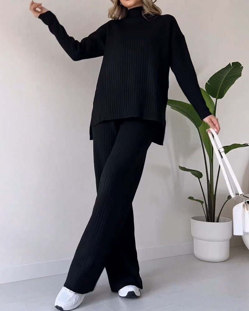 Gebreide Co Ord | Coltrui | Geribd | Brede Benen Co Ord | Tweedelige Damesset-Boetiek Moda