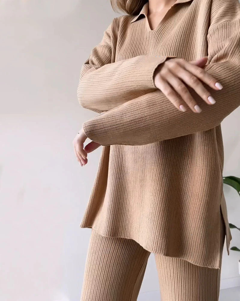 Gebreide Co-Ord | Lange Mouwen | Geribd | Gebreide Loungeset | Dames Loungewear-Boetiek Moda
