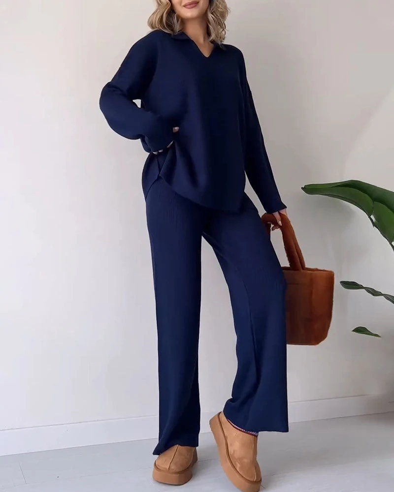 Gebreide Co-Ord | Lange Mouwen | Geribd | Gebreide Loungeset | Dames Loungewear-Boetiek Moda