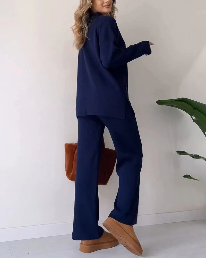 Gebreide Co-Ord | Lange Mouwen | Geribd | Gebreide Loungeset | Dames Loungewear-Boetiek Moda