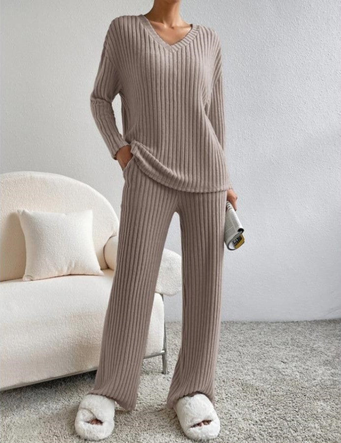 Gebreide Co-Ord | Tweedelig | Lange Mouwen | Geribbelde Lounge Set | Dames Loungewear-Boetiek Moda