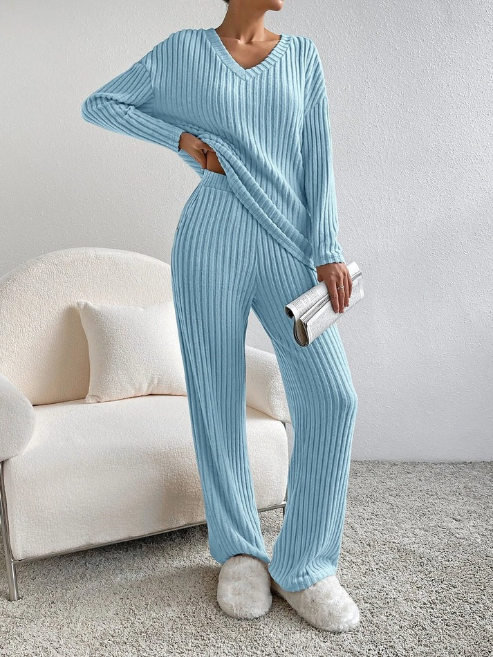 Gebreide Co-Ord | Tweedelig | Lange Mouwen | Geribbelde Lounge Set | Dames Loungewear-Boetiek Moda