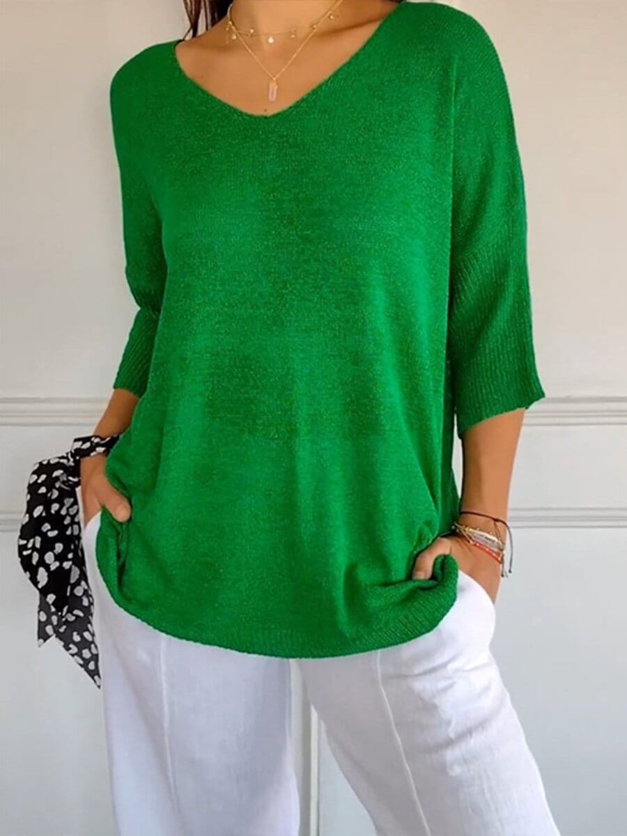 Gebreide blouse - Dames Trui met halve mouwen en losse V-hals-Boetiek Moda