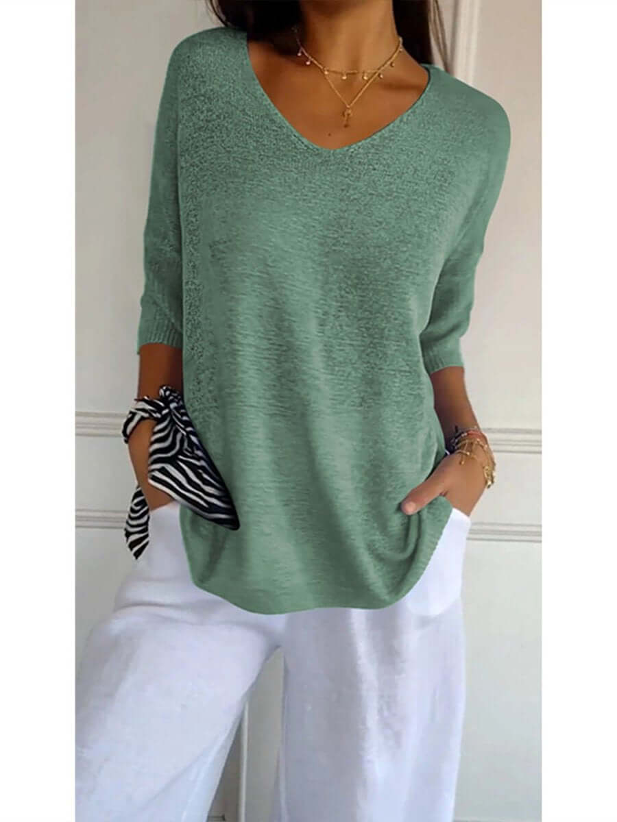 Gebreide blouse - Dames Trui met halve mouwen en losse V-hals-Boetiek Moda