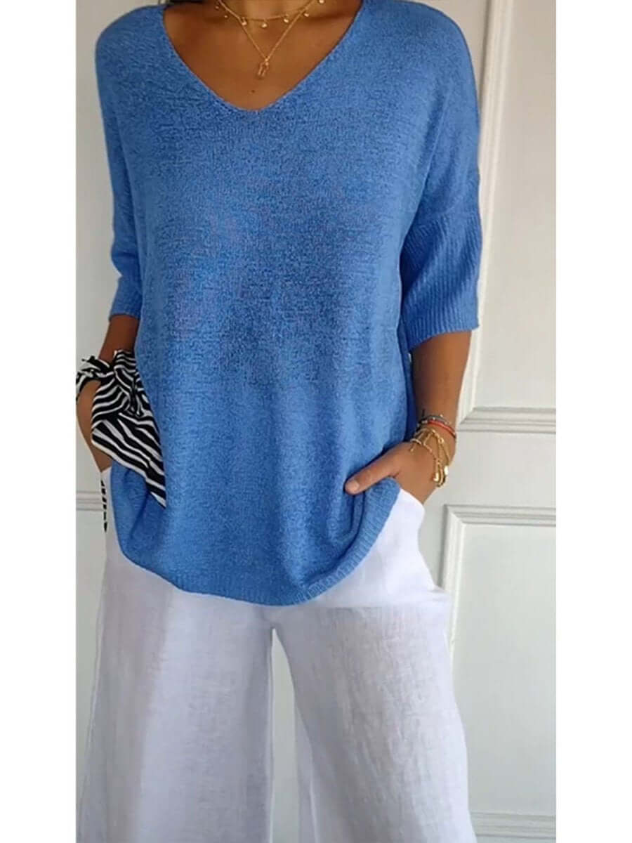 Gebreide blouse - Dames Trui met halve mouwen en losse V-hals-Boetiek Moda
