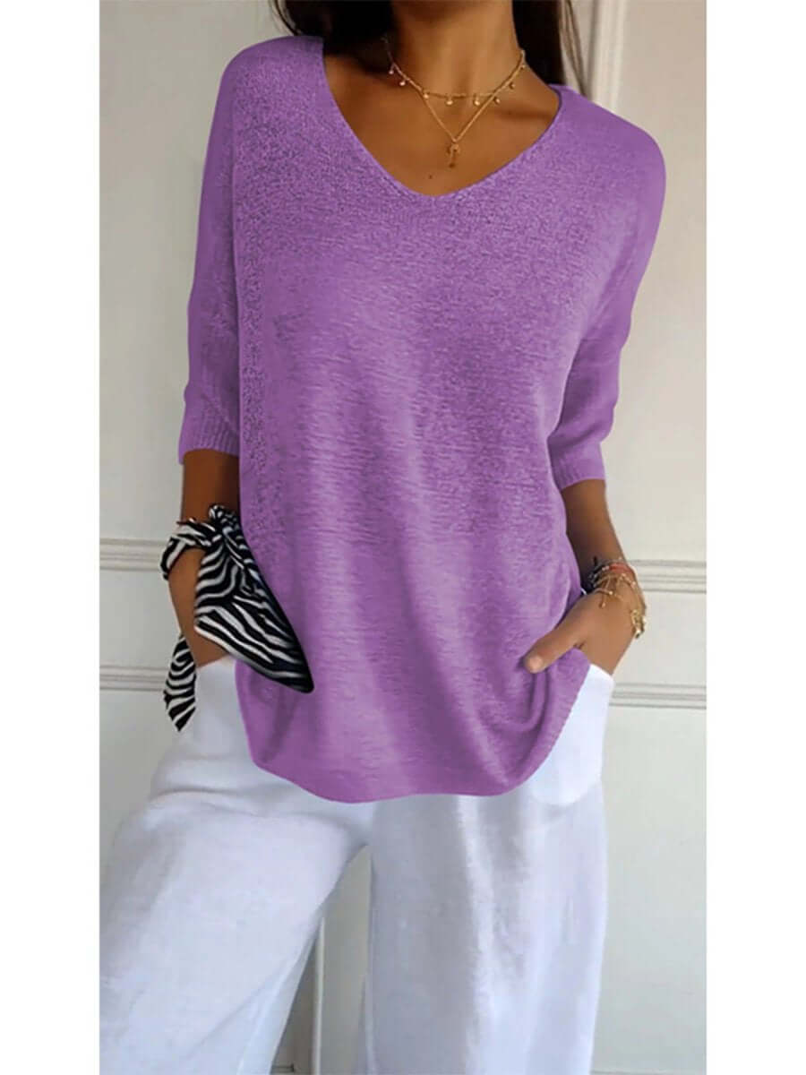 Gebreide blouse - Dames Trui met halve mouwen en losse V-hals-Boetiek Moda