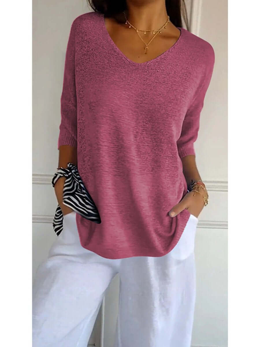 Gebreide blouse - Dames Trui met halve mouwen en losse V-hals-Boetiek Moda