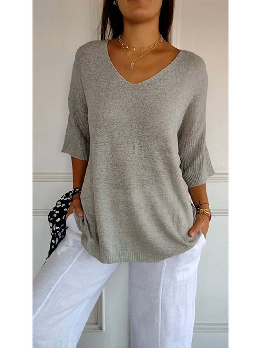 Gebreide blouse - Dames Trui met halve mouwen en losse V-hals-Boetiek Moda
