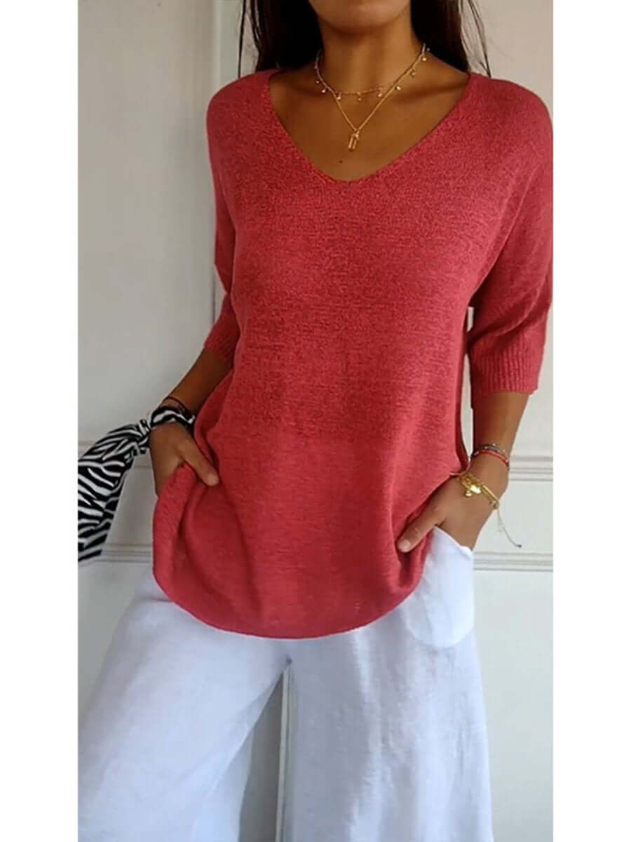 Gebreide blouse - Dames Trui met halve mouwen en losse V-hals-Boetiek Moda
