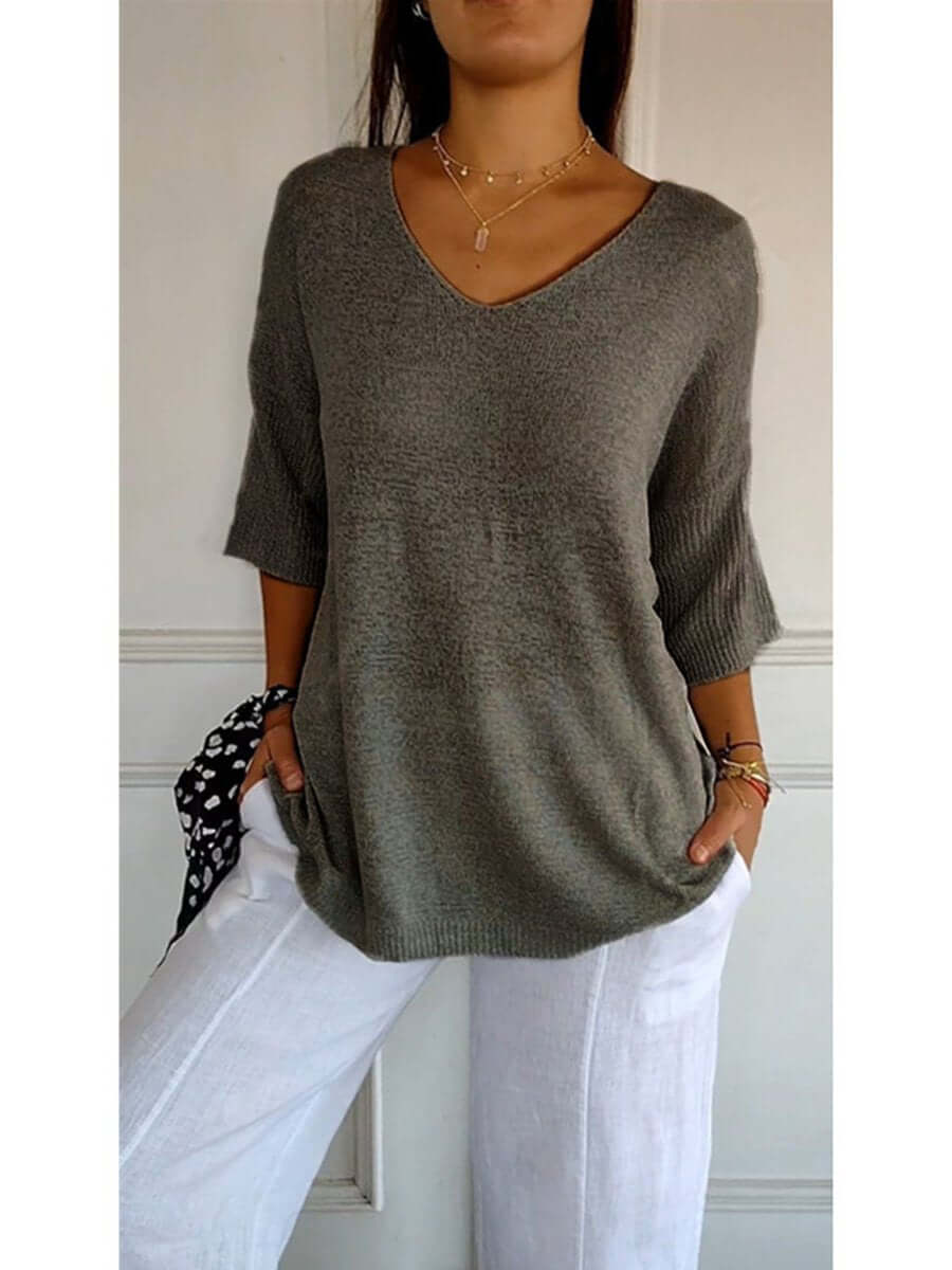 Gebreide blouse - Dames Trui met halve mouwen en losse V-hals-Boetiek Moda